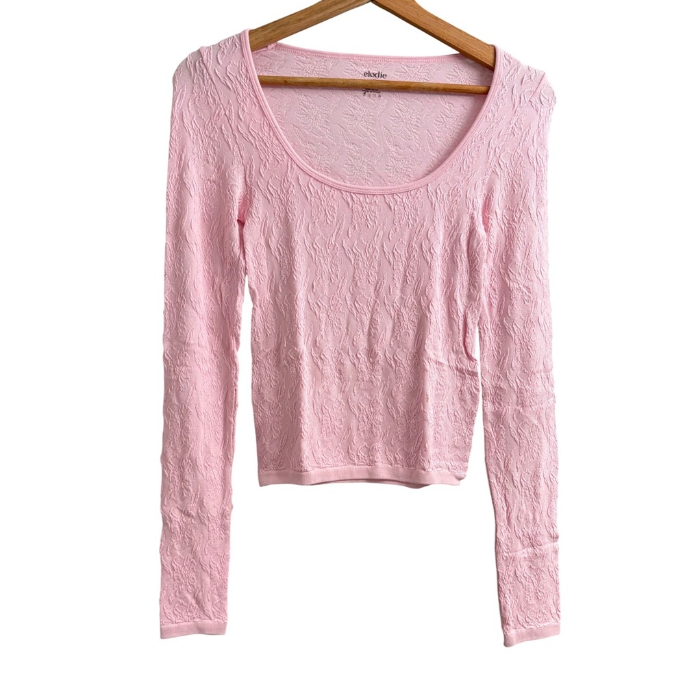 Elodie Pink Textured Jacquard Floral Scoop Neck Long Sleeve Top NWT L/XL